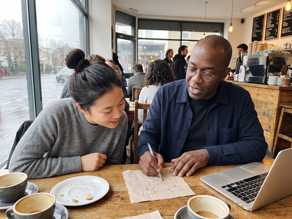 A man sketching an idea on a napkin for a colleague in a cafe
