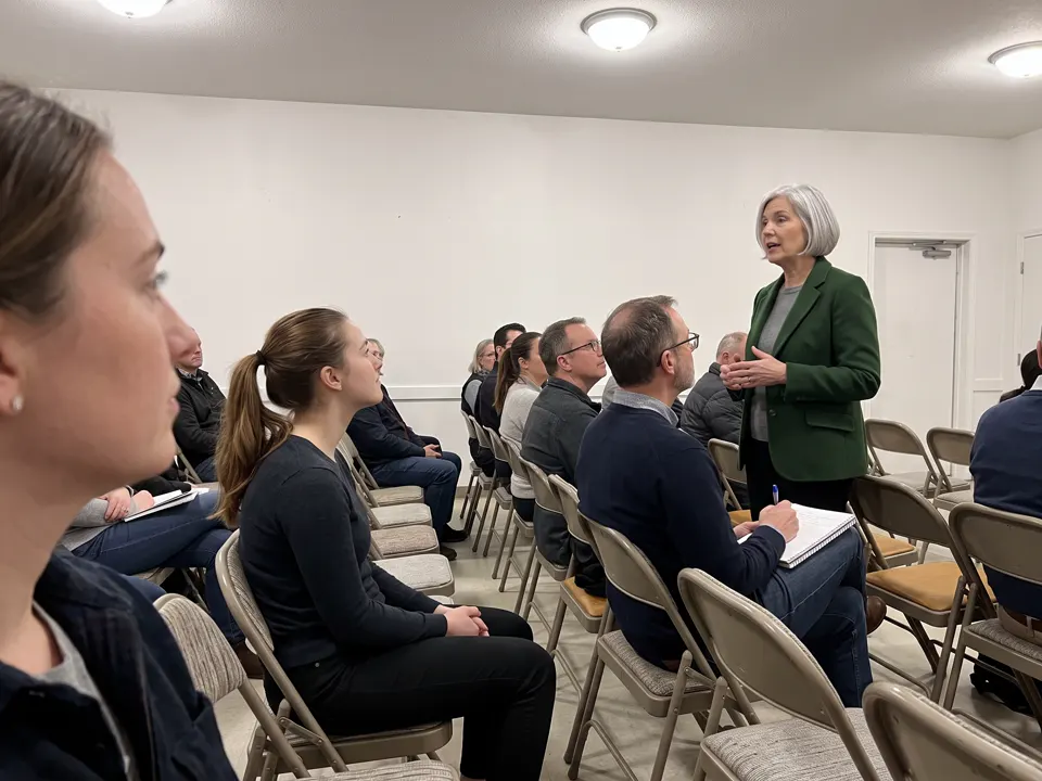 A woman speaking without notes to an audience leaning forward in a community hall