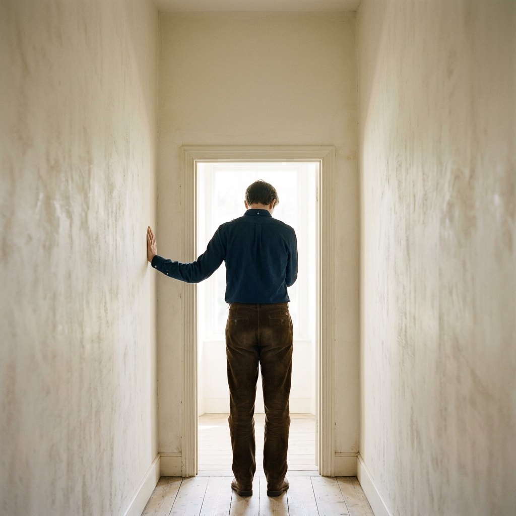 A man pausing in a quiet doorway to breathe before he speaks