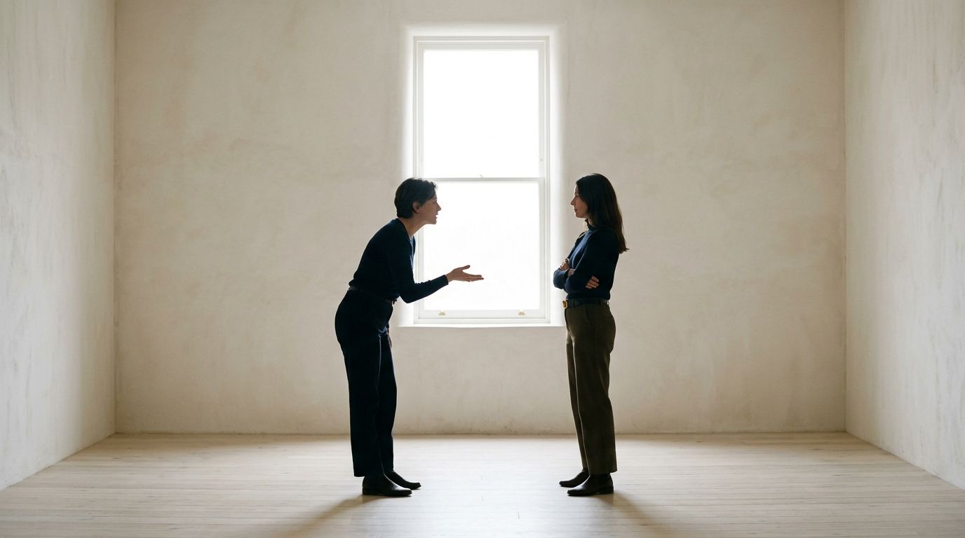 Two people facing each other in a speaking battle by a window