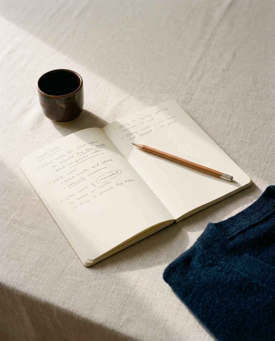 An open notebook with speaking notes, a pencil and a cup
