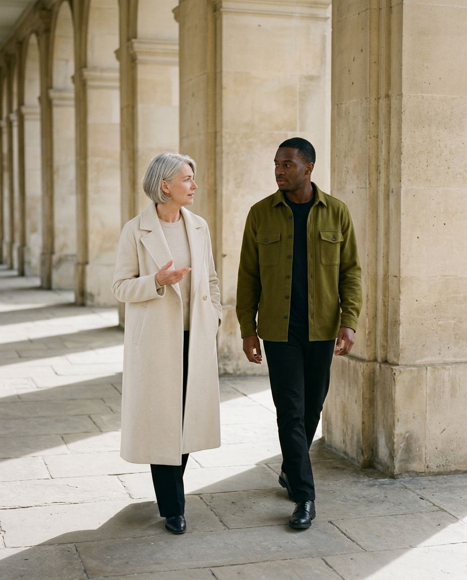 A mentor and a member walking and talking under stone arches