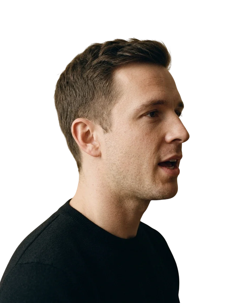 A speaker in profile, mid-sentence, with his speaking progress around him