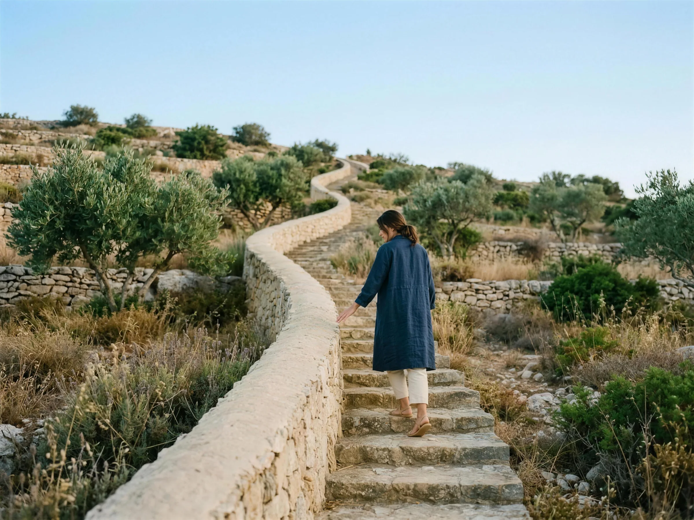 A woman in a blue linen coat climbing a winding stone stair between olive trees