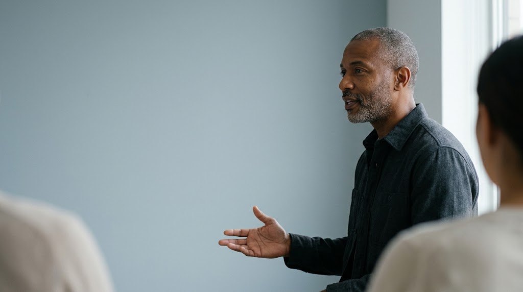 A speaker addressing a live Exprea speaking club session