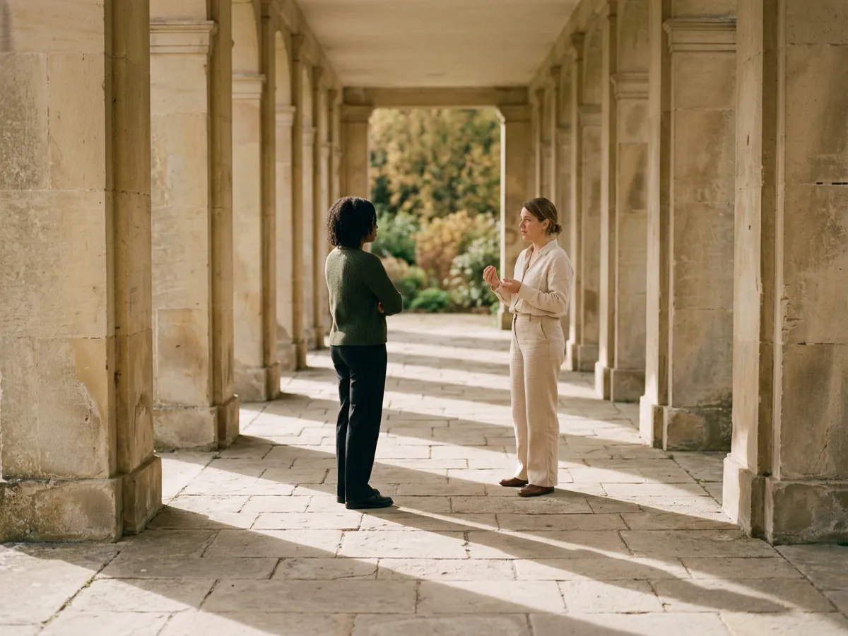 Two colleagues talking carefully in a sandstone colonnade