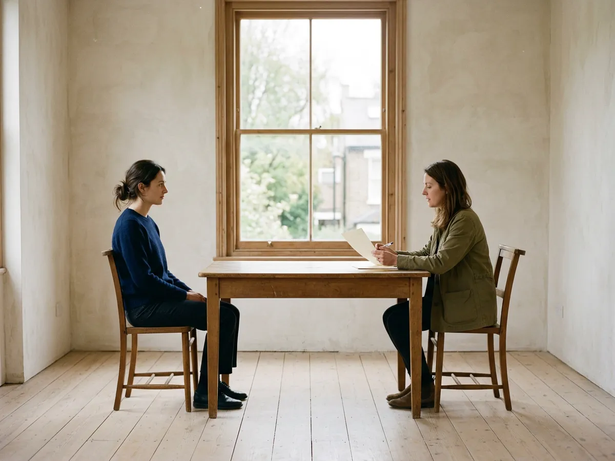 A candidate and an interviewer at a plain table in a bright room