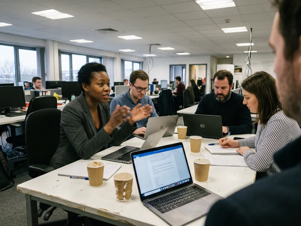 A woman making a point to colleagues around a table in an open-plan office