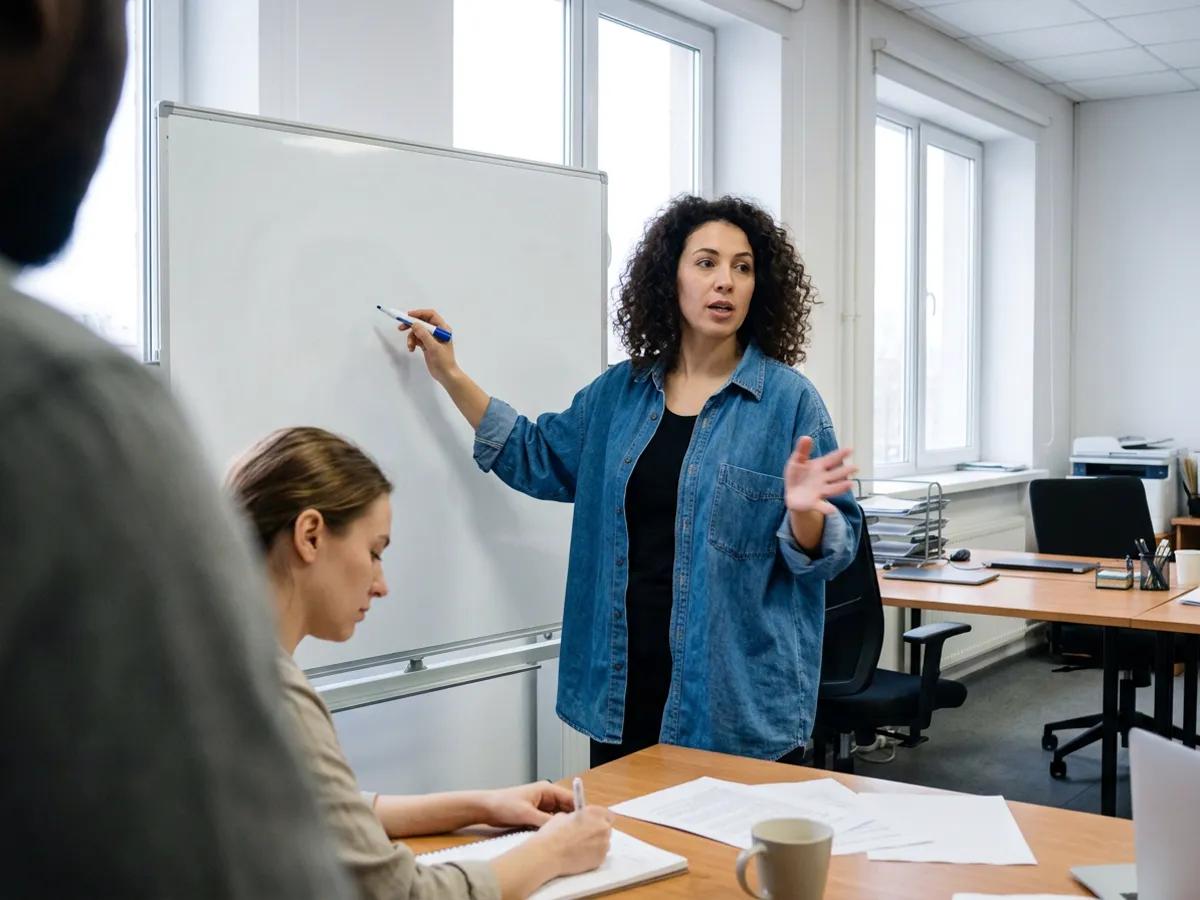 A woman in a denim shirt explaining an idea at a whiteboard to two colleagues