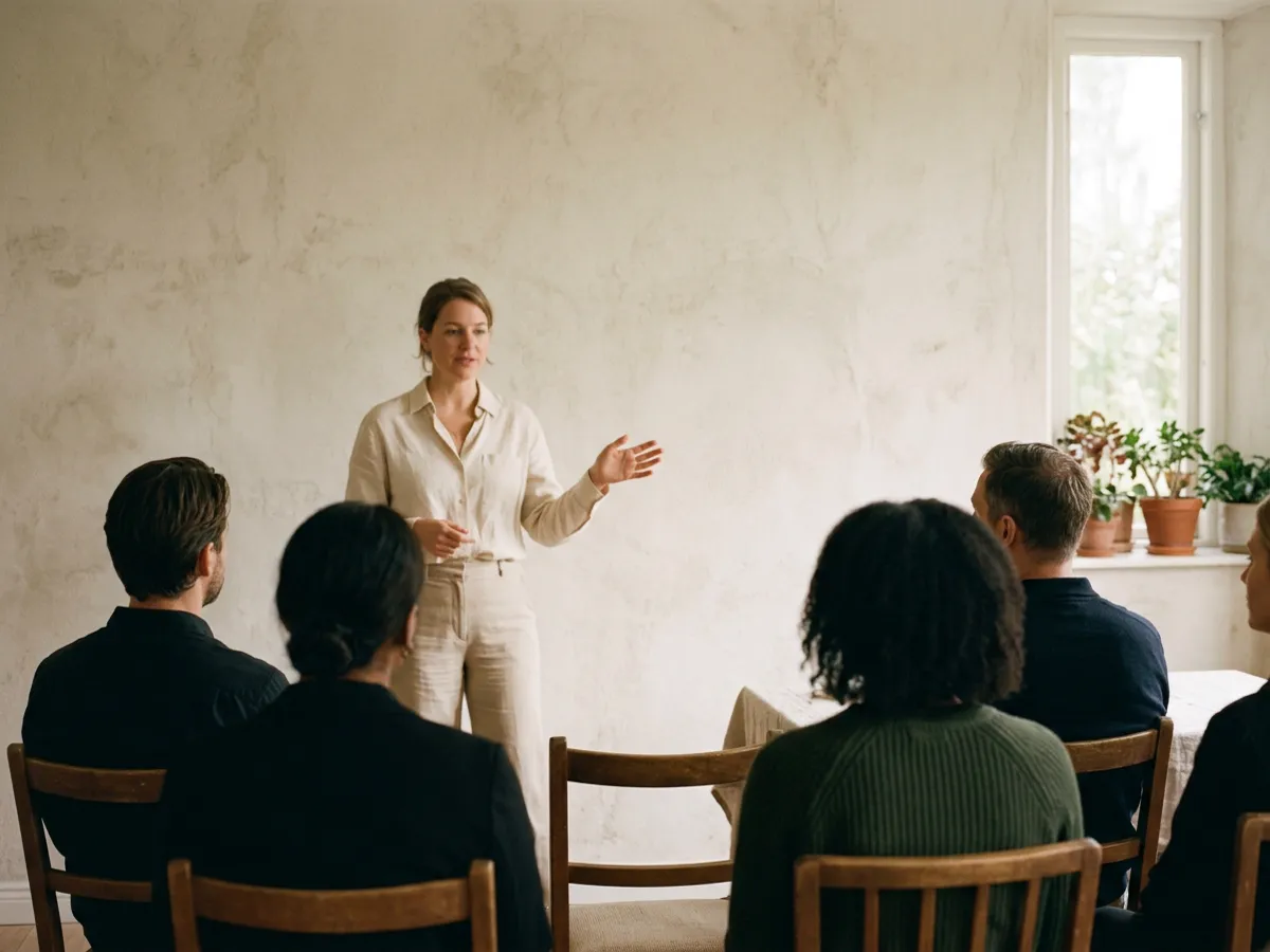 A speaker presenting to a small seated audience