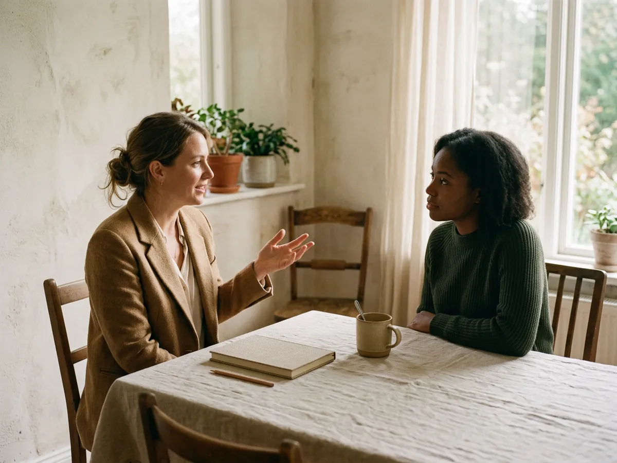 Two people talking across a linen-covered table with a notebook between them