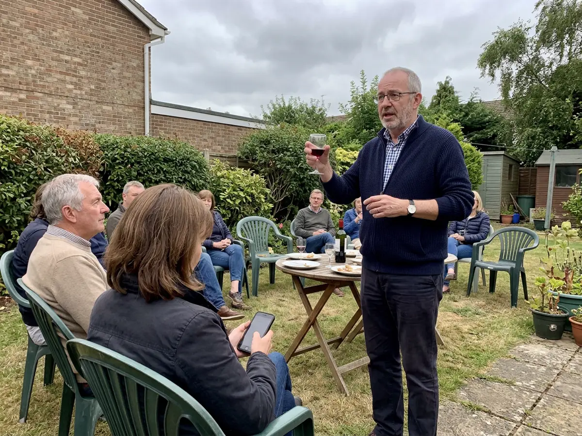 A man raising a glass to give a toast at a family garden party