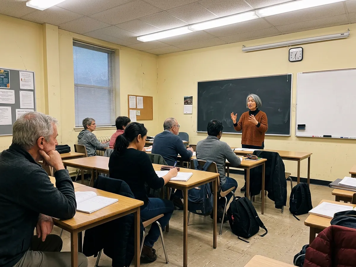 A teacher explaining something to a class of adult learners