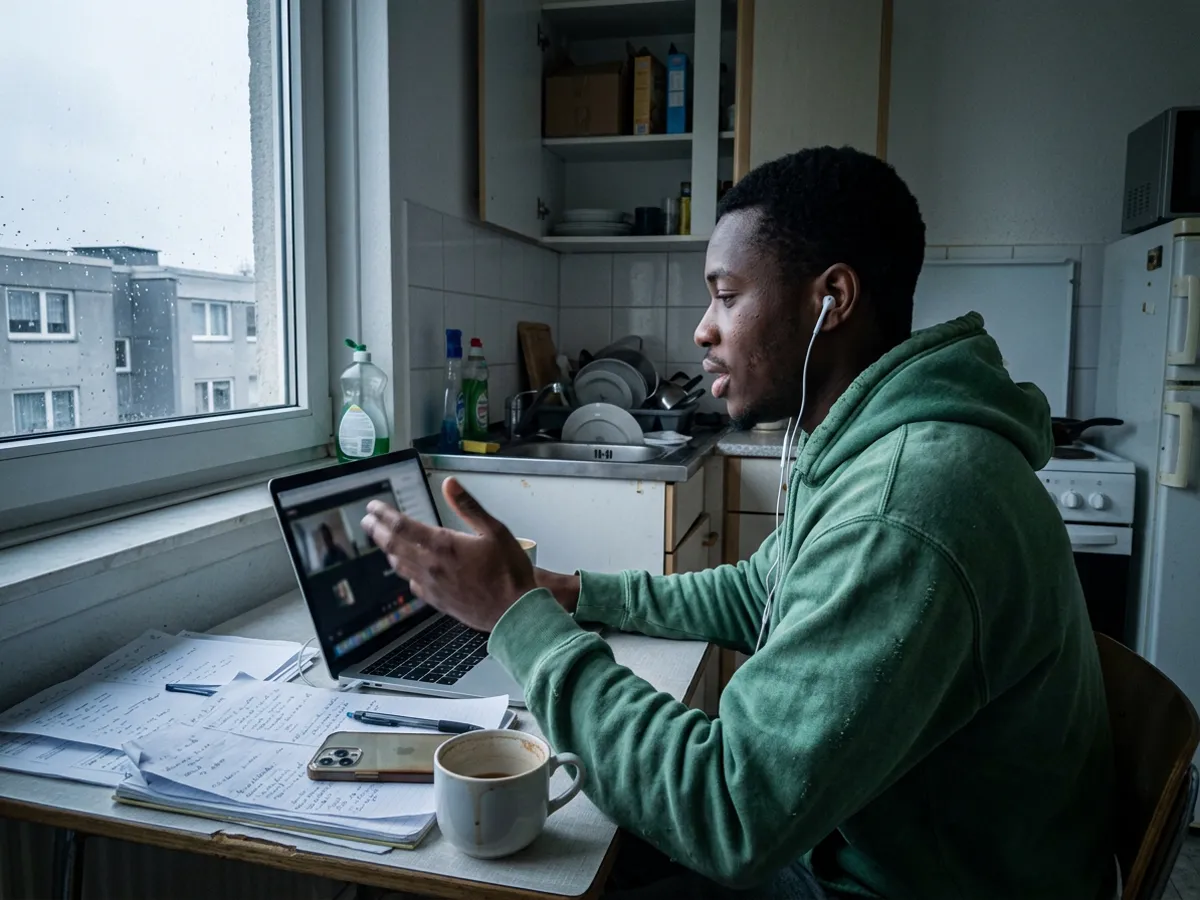 A young man in a green hoodie talking to his laptop at a kitchen table